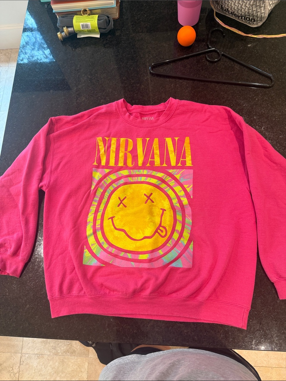 NIRVANA Hot Pink Sweatshirt with Yellow Smiley Graphic